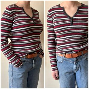 90s Y2K Style Stretch Cotton‎ Blend Striped Quarter Button Long Sleeve Top
